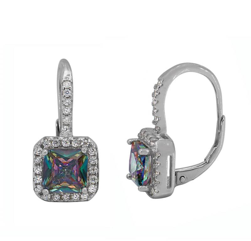 Mystic Quartz Square Halo CZ Leverback Earrings - Click Image to Close